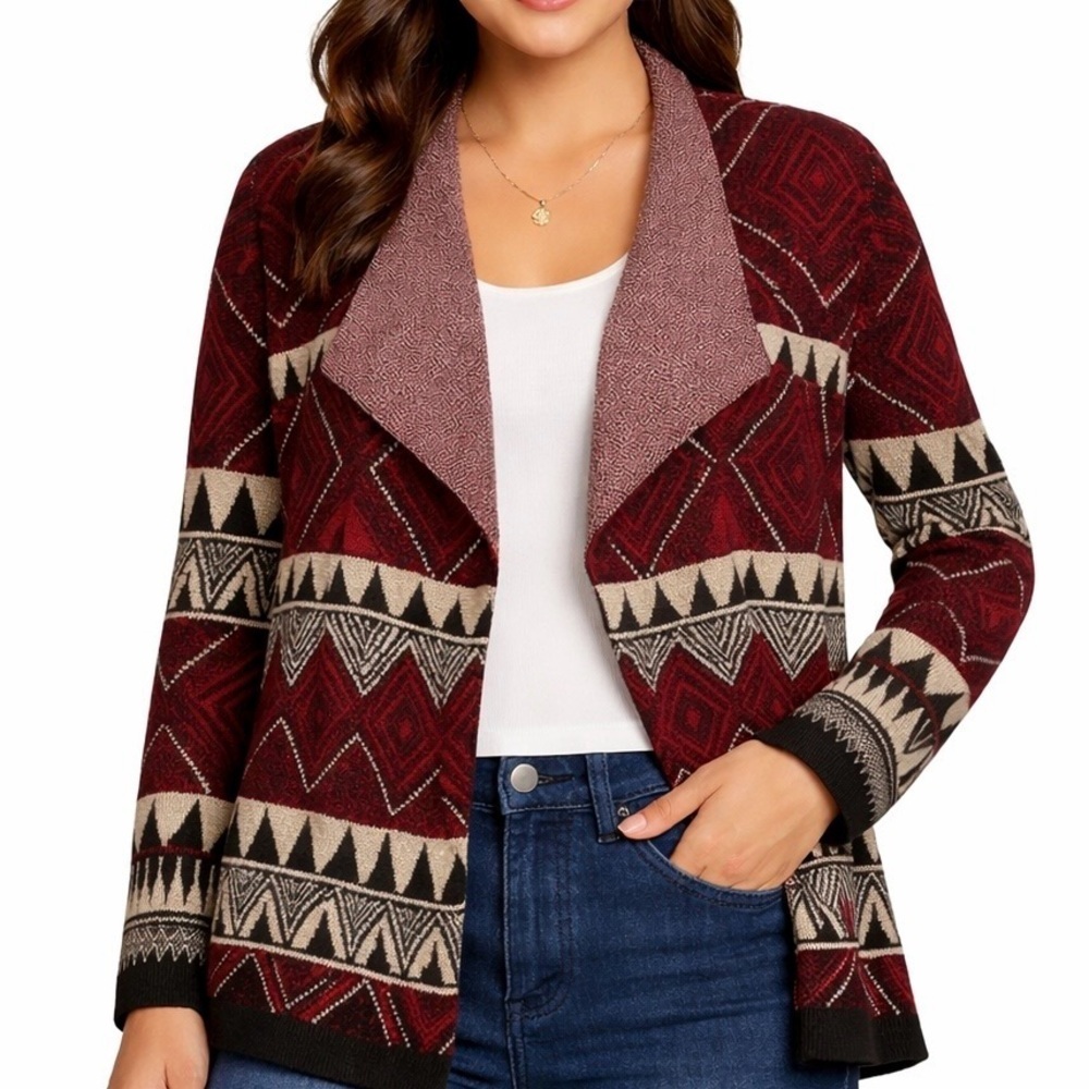 🆕Dex Cardigan Boho Sweater Aztec Pattern Waterfall Collar Burgundy Black Taupe M